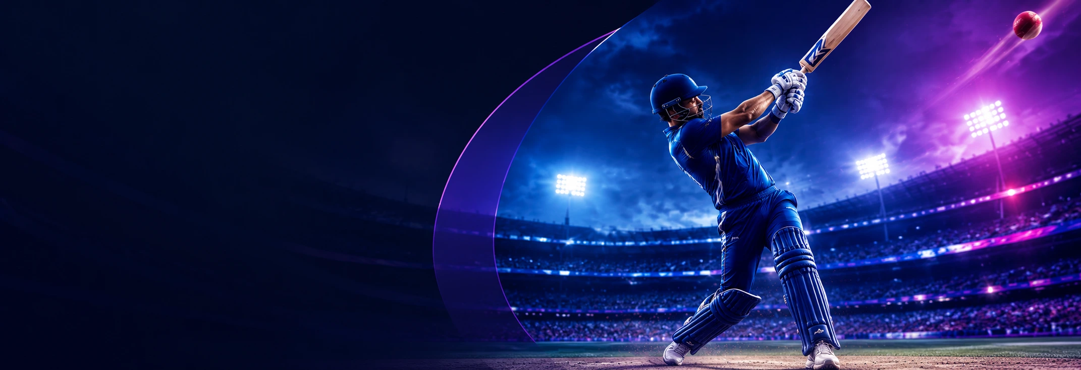 Cricket batter playing a shot under stadium floodlights